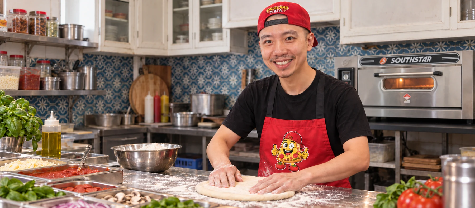 Anh chủ Smileland nặn bột pizza bằng tay